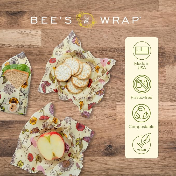 Bee's Wrap Vegan Beeswax Food Wraps, 2 Medium & Sandwich Pack, Meadow Magic | Organic Plant Based Wraps - Plastic Free - Reusable Food Storage - Lunches & Leftovers - Made in USA