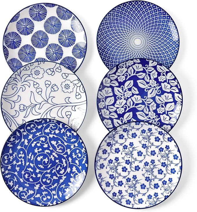 Selamica Ceramic Dessert Plates Set of 6, 6 Inch Small Plates, Vintage Blue | Appetizer Plates for Kitchen, Microwave & Dishwasher Safe