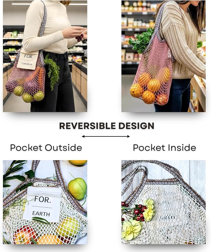 Earth and Tomorrow 2-Pack Reusable Mesh Grocery Bags – Foldable Cotton Net Totes with Jacquard Straps & Reversible Pouch | Cotton Mesh Fabric
