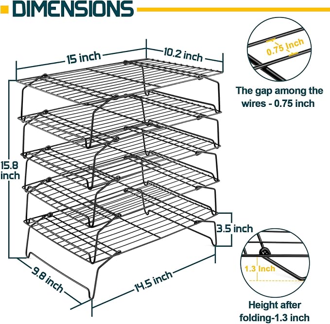 P&P CHEF 5-Tier Stainless Steel Cooling Rack, 15" x 10", Black | Stackable Baking Cooking Racks for Cooling Roasting Grilling, Collapsible & Heavy Duty, Oven Safe & Easy Clean