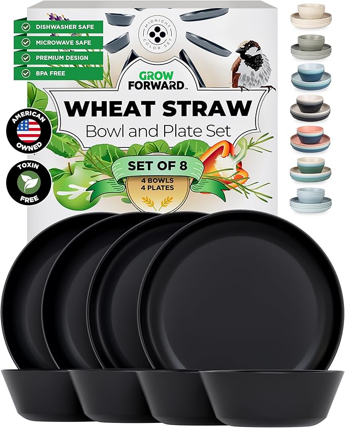 Grow Forward Premium Wheat Straw Plates and Bowls Sets - 8-Piece Wheat Straw Dinnerware Sets - Unbreakable & Reusable Microwave Safe Plastic Dinner Plates for Outdoors, RV, Camping Dishes - Midnight