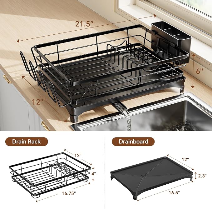 Simple Trending Dish Drying Rack for Kitchen Counter, Stainless Steel Dish Rack, Large Dish Drainer Organizer with Cutlery Holder & Cup Holders, Black