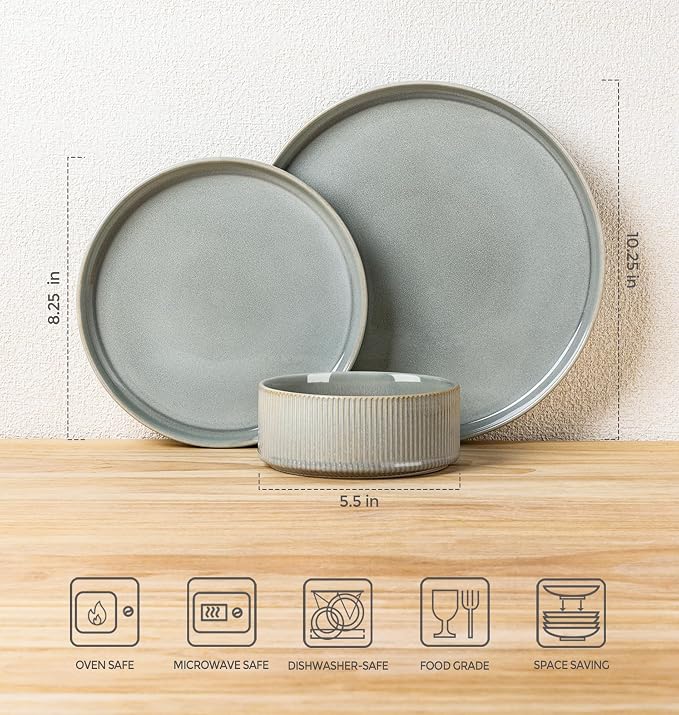 Ceramic Dinnerware Set for 4, 12-Piece Plates and Bowls Set | Lightweight Porcelain Dish Set, Scratch Resistant, Oven & Microwave & Dishwasher Safe, Desert Sage