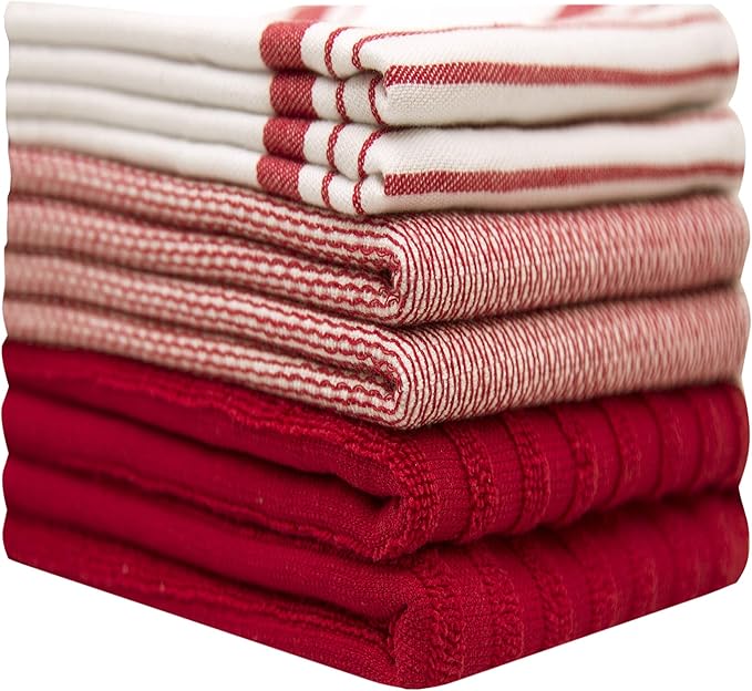 Premium Kitchen Towels 6 Pack 100% Cotton 20"x28" Dish Towels Red Striped | Large Flat & Terry Kitchen Linen Set with Hanging Loops, Highly Absorbent for Washing and Drying Dishes