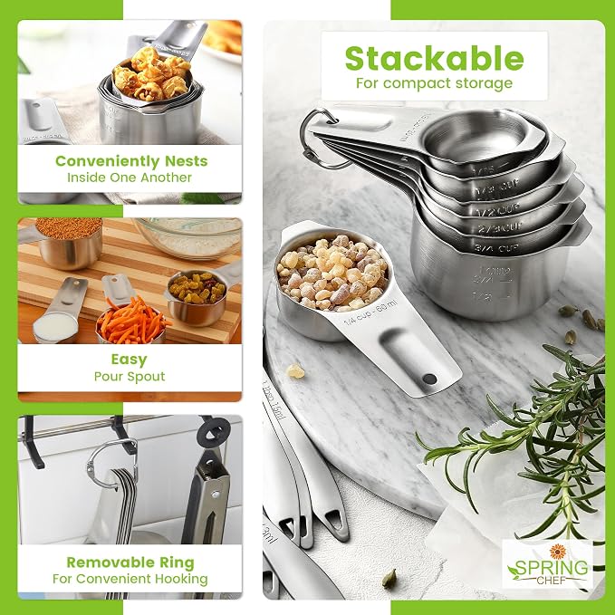 Spring Chef Stainless Steel Measuring Cups Set of 7 with Pour Spout | Metal Measuring Cups for Measuring Dry or Liquid Ingredients, Easy to Read Markings, Dishwasher Safe Nesting Cups for Kitchen