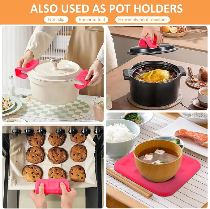 Silicone Trivets for Hot Pots and Pans, Pot Holders Hot Pads 6 Pack Silicone Mats for Kitchen Counter, Soft Durable Drying Mat, Jar Opener and Coasters (Pink)