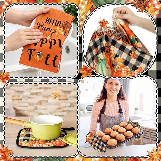 Fourluoo 10 Pcs Kitchen Dish Towels Rugs Oven Mitts and Pot Holders Set Farmhouse Kitchen Decor Set for Women Mom Daughter Gift Cooking Baking Grilling(Harvest Color,Pumpkin)