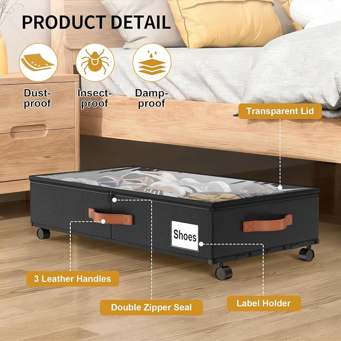 Under Bed Storage Containers with Wheels Large Underbed Shoes Blankets Clothes Toy Storage Drawers for College Dorms Bedrooms Nursery Rooms Organization (Black 2 Pack, 6.6in height(30.3"x15.7"x6.6"))