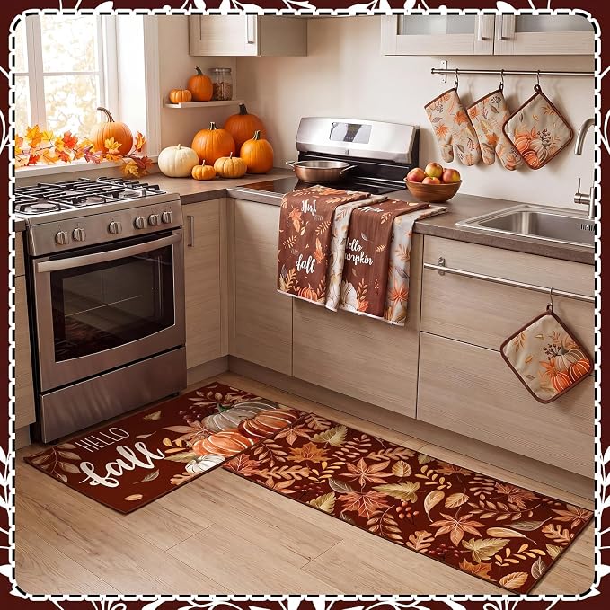 Fourluoo 10 Pcs Kitchen Dish Towels Rugs Oven Mitts and Pot Holders Set Farmhouse Kitchen Decor Set for Women Mom Daughter Gift Cooking Baking Grilling(Antique Color,Maple Leaf, Pumpkin)