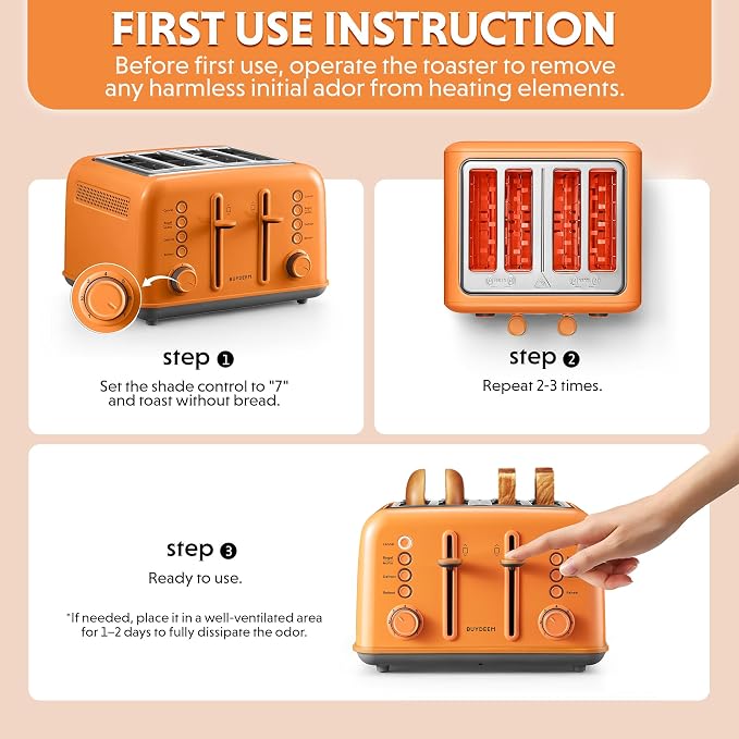 BUYDEEM DT640 4-Slice Toaster, 7 Shade Settings, Extra Wide 1.5’’ Slots for Bagel & English Muffin, 6 Toasting Functions, Retro Stainless Steel Toaster with High Lift Lever, 1800W, Orange