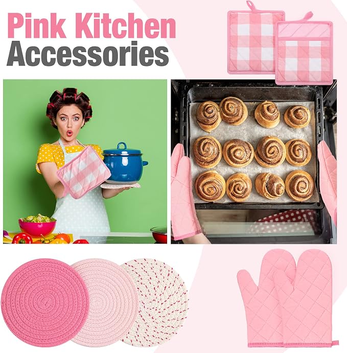 Pink Oven Mitts and Pot Holders 7 Sets, Pink White, Cotton, Plaid | Heat Resistant Kitchen Gloves, Pads Pot Holders for Women, Chritsmas Gifts Kitchen Accessories Gift