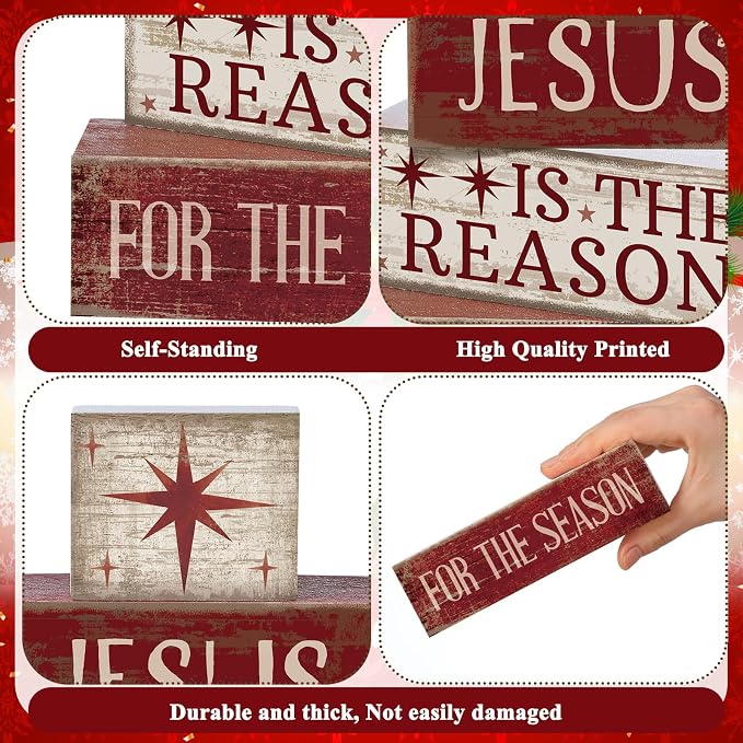 Lineshading 4 Pcs Christmas Farmhouse Wooden Block Signs Jesus Tiered Tray | Rustic Distressed Wood, Stackable for Tiered Shelf Mantel Tabletop, Christmas Seasonal Home Decor, Farmhouse Gift
