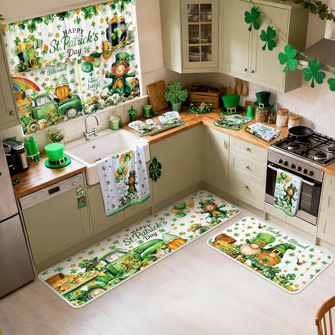 13 Pcs St. Patrick's Day Kitchen Decor Set 3 Shamrock Kitchen Curtains Valance 2 Irish Rugs and Mats 4 Hand Towels 2 Pot Holders 2 Oven Mitts for Home Decor Cooking Grilling Housewarming Gift