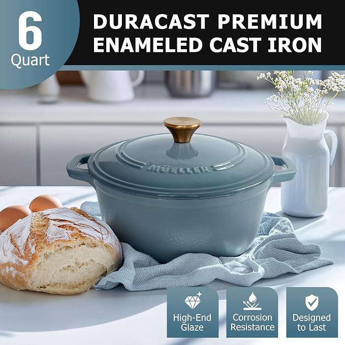 MUELLER HOME 6 Quart Enameled Cast Iron Pot Dutch Oven, Heavy-Duty | Oven-Safe to 500°F, For All Cooktops, Bread Pan with Lid & Knob, Cast Iron Cookware, Blue Kitchen Accessories, Mineral Blue