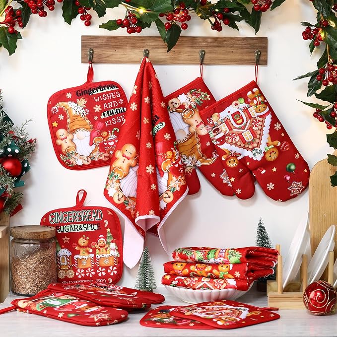 SiliFine 12 Pcs Christmas Kitchen Accessories Set Gingerbread Man Pot Holders Gingerbread House Oven Mitts Xmas Candy Kitchen Towels for Christmas Home Decorations, Cooking Baking Holiday Gifts