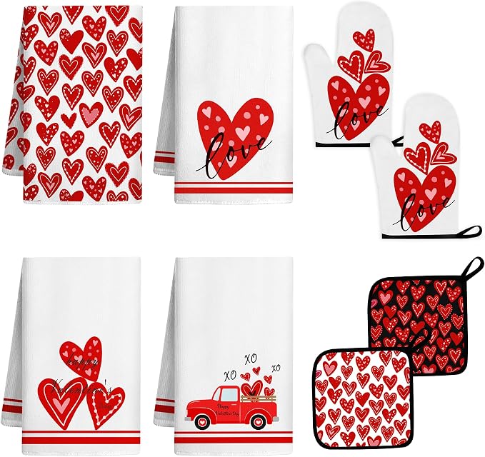 8 Pcs Red Heart Kitchen Decor and Accessories Set 4, Kitchen Dish Towels, Red Love Heart 2 Oven Mitt 2 Pot Holders for Home Decoration Cooking Baking, Mom Daughter Gift Housewarming