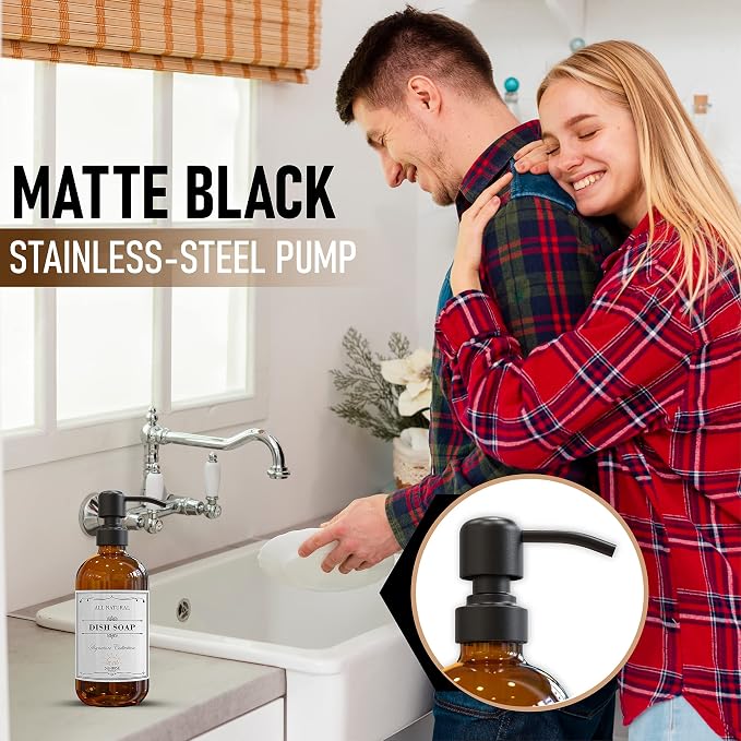 Amber Glass Soap Dispenser Matte Black with Pump, 16 oz | Amber Glass, Matte Black Stainless Steel Pump Hand and Dish,Bathroom and Kitchen Sink Use 6 Waterproof (Pack of 2)