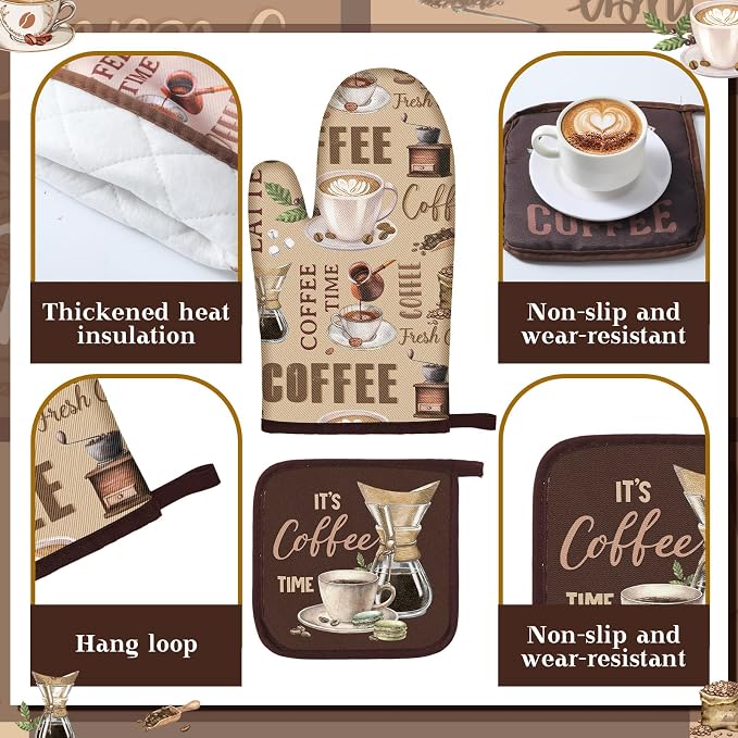 Fourluoo 16 Pcs Coffee Kitchen Decor Set Towels Dishcloths Rug Mitts Brown | Farmhouse Home Kitchen Accessories, Non Slip Rug Mat, Pot Holders Coasters Curtains, Coffee Themed Housewarming Gift