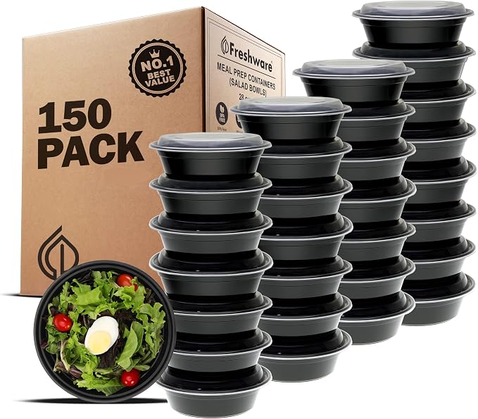 Freshware Meal Prep Containers with lids [150 Pack] Food Storage Containers, Bento Box, BPA-Free, Stackable, Microwave, Dishwasher, Freezer Safe, 32 Oz, Black