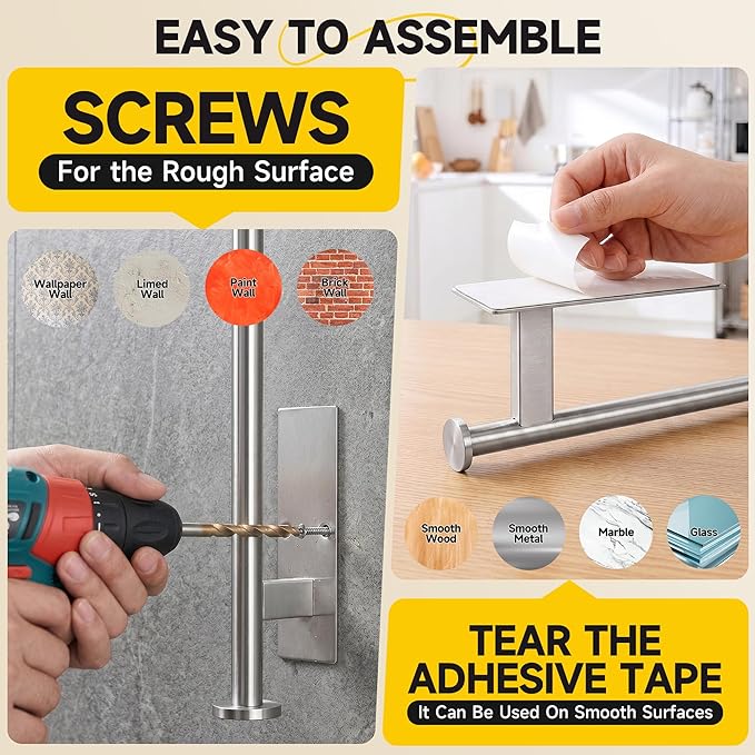 Paper Towel Holder Wall Mount,No Drill,SUS304 Steel, Space Saving | Maximize countertop space with secure roll storage. Fits kitchens, bathrooms, RVs and pantries with flexible mounting options