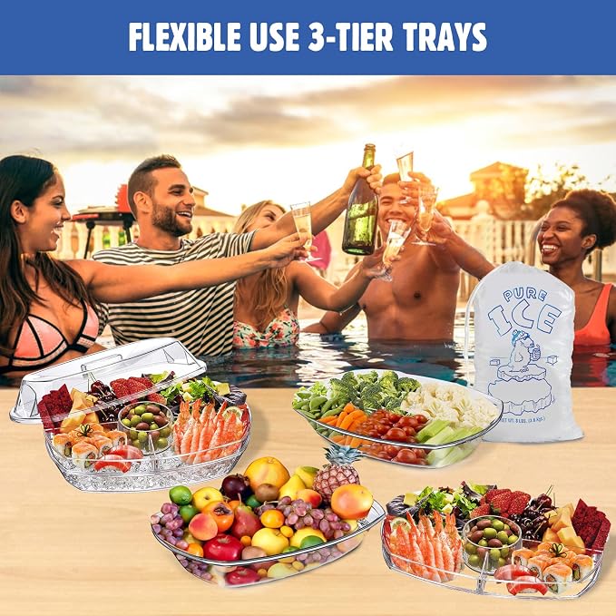 LIMOEASY Chilled Serving Tray, 15" Clear Plastic Party Platter with 4 Compartments, Ice Serving Bowl with Lid, Shrimp Cocktail Serving Dish, Cold Food Buffet Server for Fruit, Veggie, Appetizer, Sushi