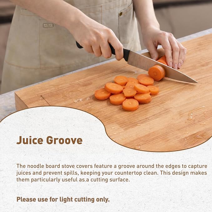 Buruis Rubberwood Stove Cover for 28.82 x 20.83 Inch Gas & Electric Stoves | Noodle Board Design with Juice Groove, Extra Counter Space, Built-In Handles, Multi-Purpose Kitchen Serving Board