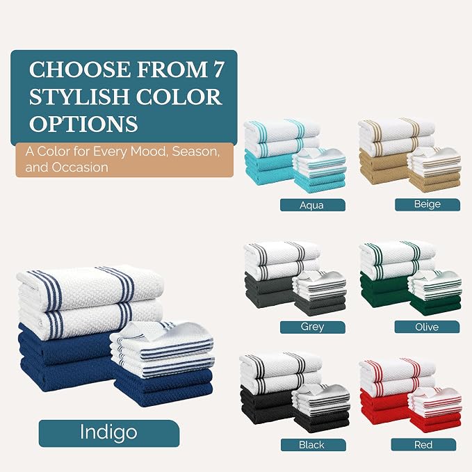 Casa Platino Kitchen Towel Set 8 Pc 4 Dish Cloths (13"x13") & 4 Kitchen Towels (16"x26") - Absorbent, Quick Dry, Soft, Durable Dish Rags With Hanging Loop for Wiping Surfaces & Drying Dishes - Blue.