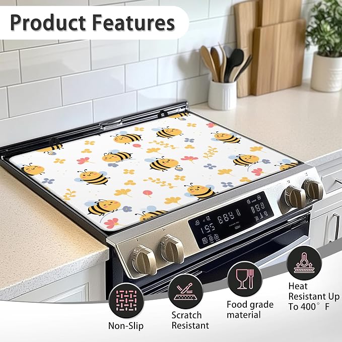 Cute Honey Bees Stove Top Cover for Electric Stove,Heat Resistant Glass Cooktop Cover,Multipurpose Stove/Counter/Washer Top Protector,Dishwasher Safe Rubber (28x 20)