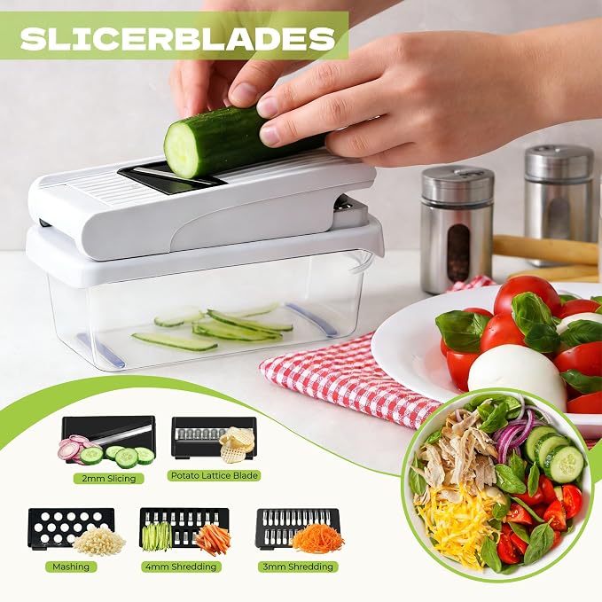 Veggie Chopper & Onion Dicer, Spiralizer, Container, Safety Glove | 17-in-1 veggie chopper with 2 dicer sizes, slicer, spiralizer & peeler. Includes cut-resistant glove & strainer container.