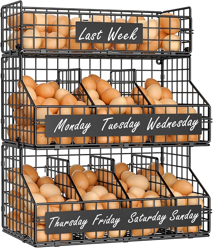 Egg Holder Countertop with 5 Dividers & DIY Nameplate to Separate Eggs | 3 Tier Stackable Wire Storage Baskets for Gathering Fresh Eggs, XXL Large Egg Rack, Wall-Mounted (Patent Pending)