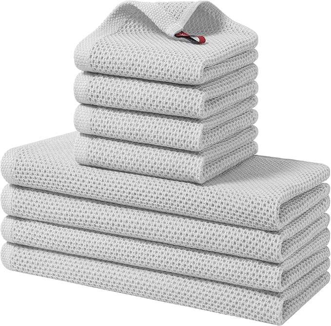 Homaxy 8 Pack 100% Cotton Kitchen Towels and Dishcloths Set, Light Gray | 12 x 12 Inches and 13 x 28 Inches Kitchen Towels Set, Ultra Soft Absorbent Dish Cloths for Washing Dishes