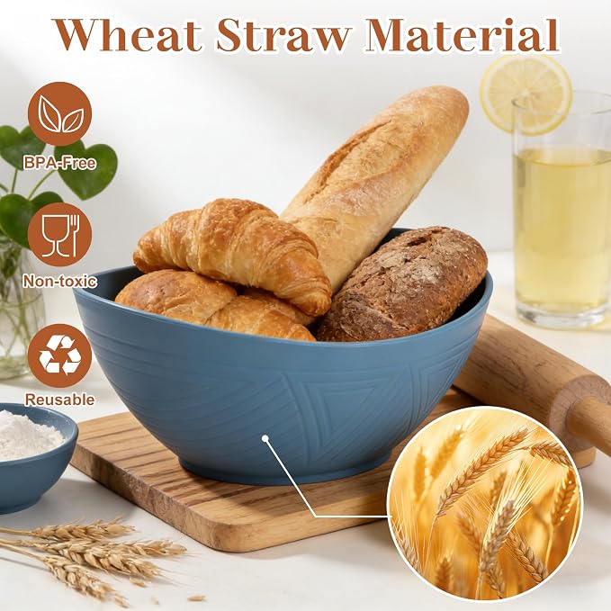 65 OZ Wheat Straw Bowls Set of 4, Large Unbreakable Salad Bowls, Microwave & Dishwasher Safe Big Serving Bowl, Plastic Kitchen Bowl for Popcorn, Cereal, Soup and Ramen (Multicolor)