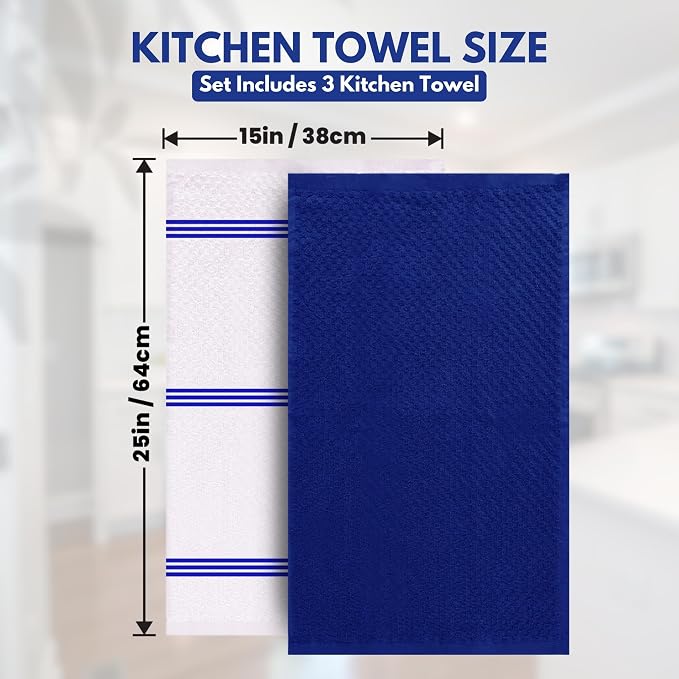 Infinitee Xclusives Kitchen Towels - 3 Pack - Cotton Dish Towel |15" x 25"| | 100% Cotton, Highly Absorbent Tea Towels - Lint Free, Soft, Durable & Quick Dry, Ideal for Drying Dishes & Kitchen Cleaning