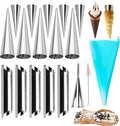 Stainless Steel Cannoli Forms Set, 5 Large Cannoli Forms, 5 Large Hones Mould, 5 Small Croissant Form, Cleaning Brush, Reusable Icing Bag and Long Frosting Tip for Puff Cupcakes Pastry