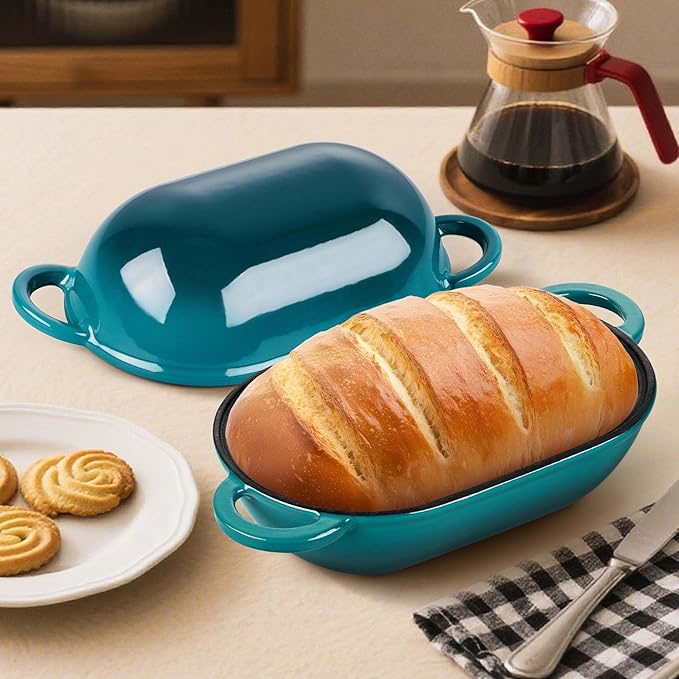 Homikit Enameled Cast Iron Dutch Oven for Bread Baking, 2.8 QT Oval Bread Oven Pot with Lid, 9.5 x 5.7 Inch Sourdough Loaf Baking Pan for Homemade Bread, Heavy Duty & Oven Safe, Dark Green