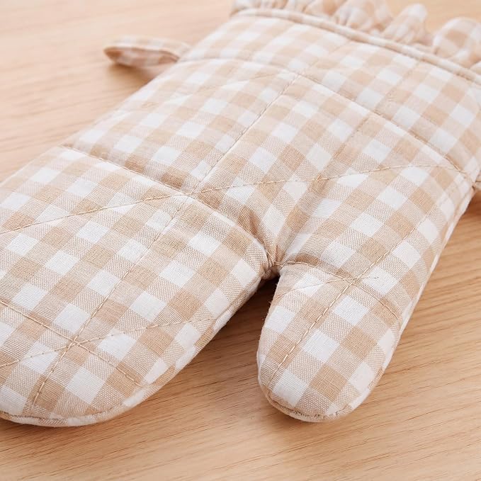 Twistover Checkered Oven Mitts 2-Pack Set, Cotton Gloves,Khaki | 13.5x6.5 Inch Size with Ruffle Trim, Non-slip Heat Resistant for Baking BBQ Microwave, Plaid Cotton for Cooking
