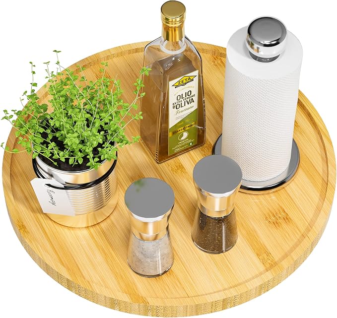 Lazy Susan Organizer, 13.2 Inch Non-Skid Bamboo Turntable | Kitchen Table Cabinets Closets and Kitchen Islands, Wood Turntable for Kitchen Countertop Organizer