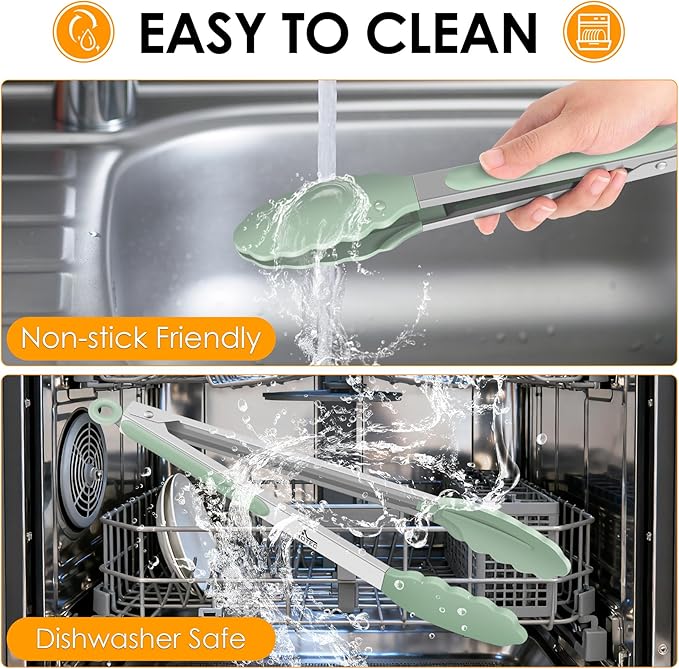 Hotec Mini Silicone Kitchen Tongs for Cooking - 7-Inch Small Serving Tongs with Silicone Tips, Set of 3 (Light Green)