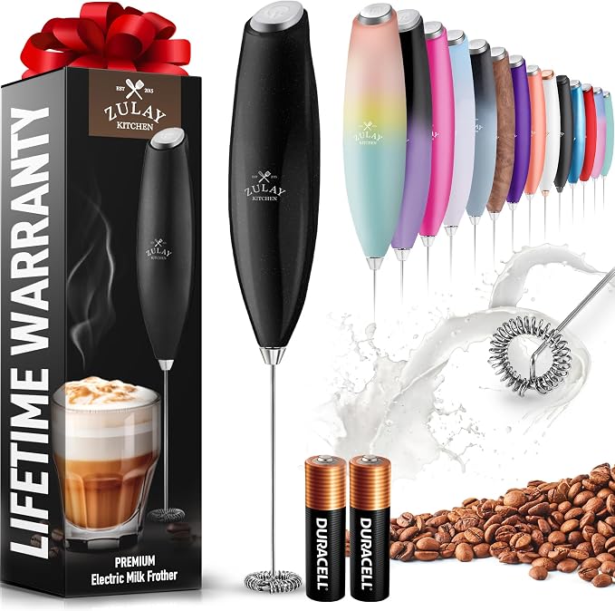 Zulay Powerful Milk Frother for Coffee with Upgraded Titanium Motor - Handheld Electric Whisk, Milk Foamer, Mini Mixer & Coffee Blender for Frappe, Latte, Matcha, No Stand - Fusion Black