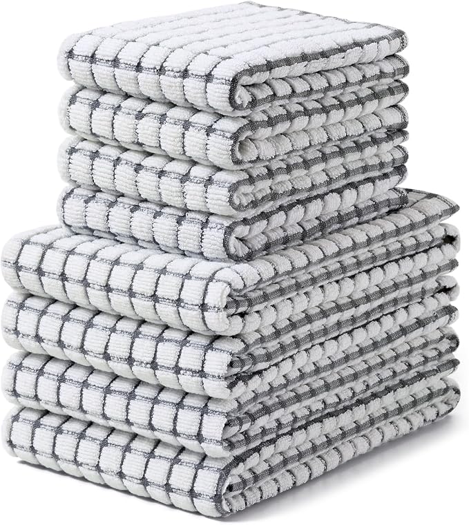 Homaxy Kitchen Towels and Dishcloths Set, Set of 8, Grey | Cotton Terry Kitchen Dish Towels, Super Soft and Absorbent Dish Cloths, 16 x 25 and 12 x 12 Inches