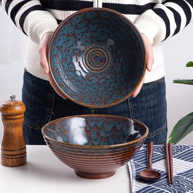 Ceramic Japanese Ramen Bowl Set, 2 Sets Asian Pho Udon Soup Noodle Bowls with Spoons and Chopsticks (Peacock Green, 8 inches)