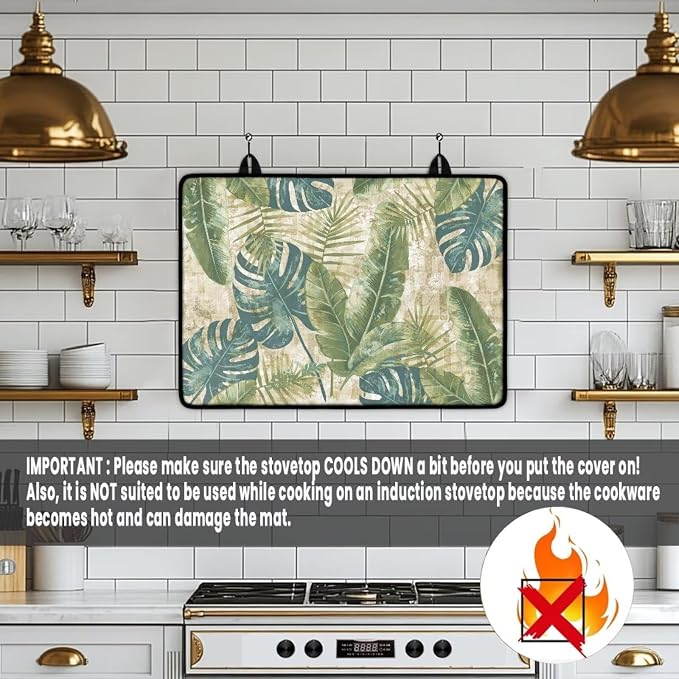 Tropical Leaf Print Electric Stove Insulation Pad Heat & Stain Resistant Dish Drying Mat for Kitchen 30x21 Inch Cooktop Stove Guard Protector with Anti-Slip Grip Extra Large Mat