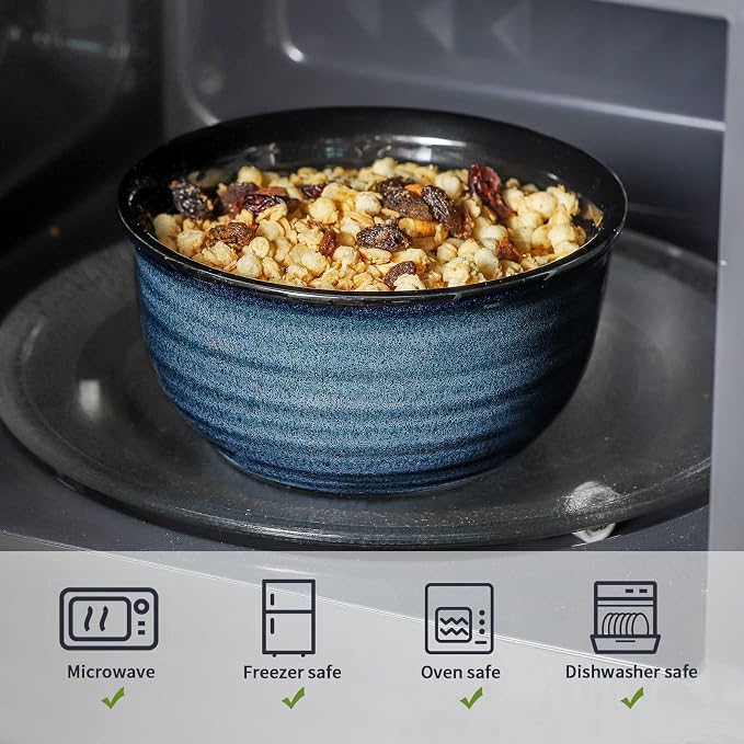HASENSE Ceramic Cereal Bowls Set of 6, 20 Oz Navy Blue Stoneware Bowls, Farmhouse Bowls for Cereal, Soup, Rice, Pasta & Salad, Dishwasher & Microwave Safe