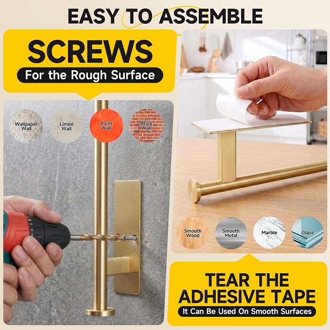 Paper Towel Holder Wall Mount,No Drill,SUS304 Steel, Space Saving | Maximize countertop space with secure roll storage. Fits kitchens, bathrooms, RVs and pantries with flexible mounting options