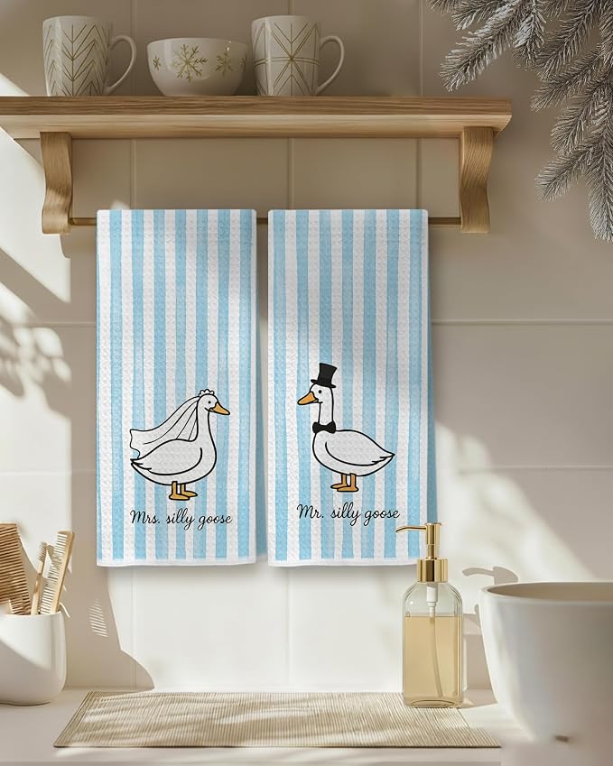 Mr and Mrs Goose Blue Striped Kitchen Towels 16x24 Inch, Wedding Gifts for Couples Newlyweds Dish Tea Towels for Kitchen Decor, Just Married Gifts Decorative Hand Towel for Bathroom, Set of 2