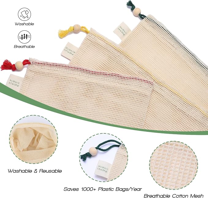 Reusable Cotton Produce Bags (10 Pack + 1 Premium Stotage Pouch) - Organic Cotton Mesh Bags for Fruits & Vegetables, Washable, Double-Stitched, Tare Weight, Eco-Friendly Storage (4L, 4M, 2S)