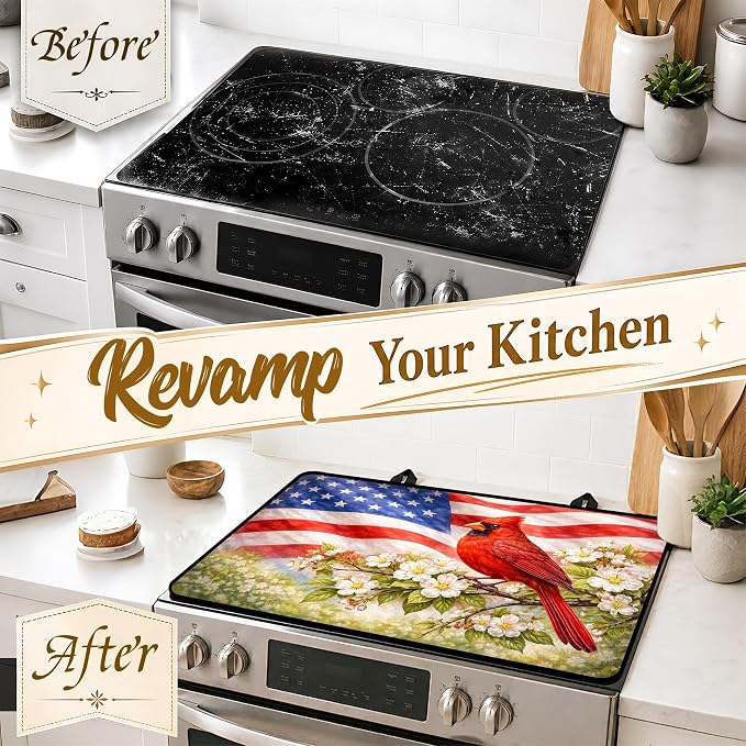 Patriotic Electric Stove Top Cover | Heat Resistant Glass Cooktop Protector for Kitchen Ceramic Countertops, Multiuse Stove Cover and Dish Drying Mat