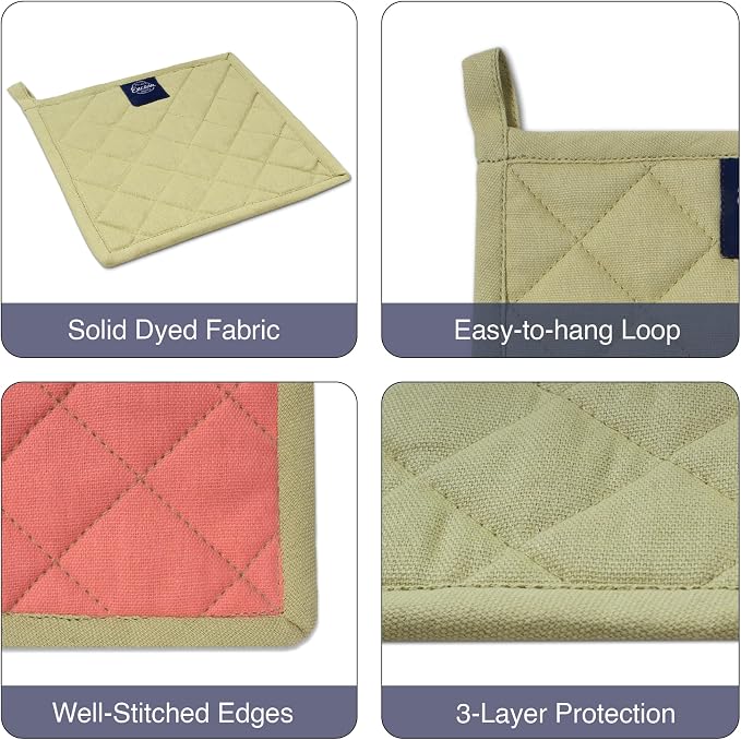 Encasa XO Pot Holders, Quilted Kitchen Hot Pads 8"x8" | Sage & Coral, 100% Cotton | Heat Resistant | Hanging Loop | Multipurpose Trivets | Machine Washable | Set of 2