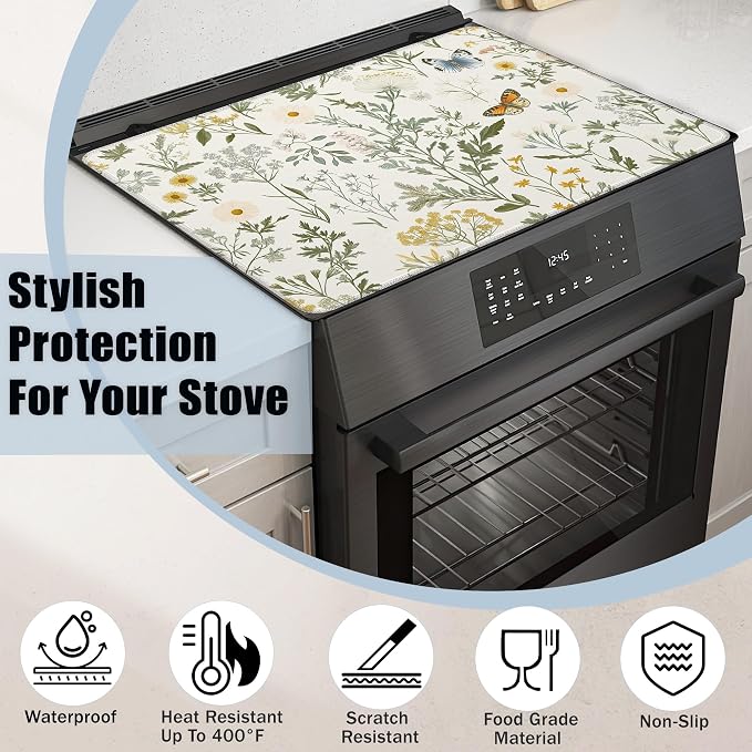 Spring Floral Glass Top Stove Cover Protector,Rustic Wild Flower Heat Resistant Stove Top Cover, Large Size Range Covers for Electric Stove Countertop Mat, 28 x 20 Inch