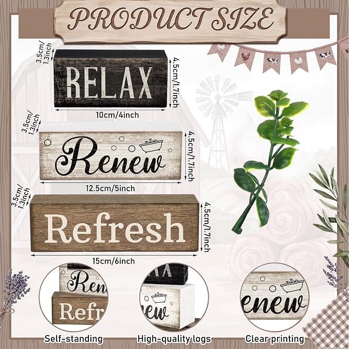 Lineshading 4 Pcs Wooden Farmhouse Block Signs Relax Renew Refresh | Rustic Tiered Tray Decor for Bathroom Shelf, Living Room, Farmhouse Home Decorations, Distressed Wood Finish with Greenery